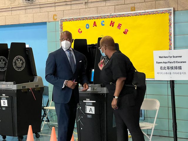 Mayor Eric Adams cast a ballot at P.S. 81 in Bed-Stuy Tuesday afternoon.